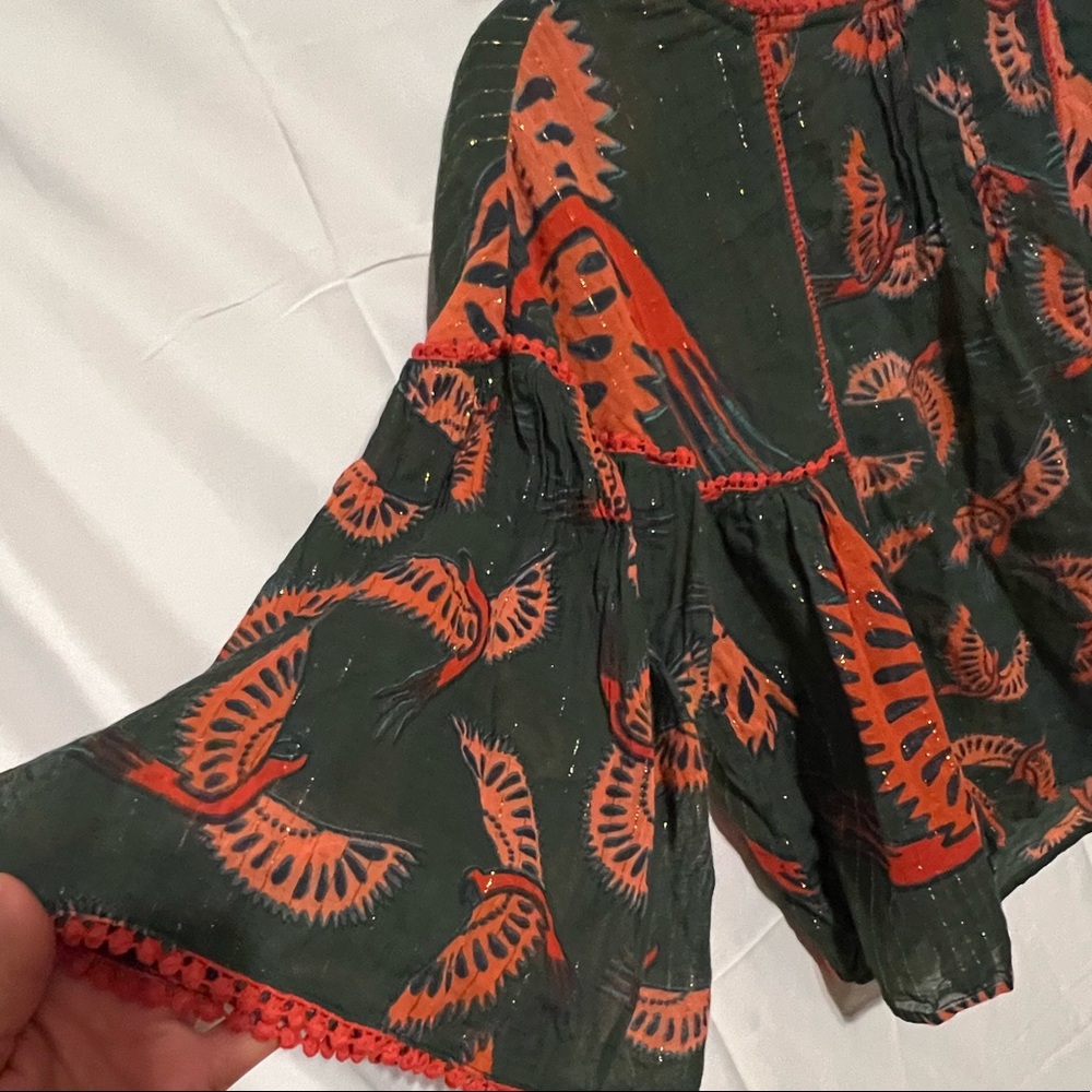 SOLD**** Rachel Zoe L  Phoenix bird novelty print top Bell balloon sleeves - Picture 10 of 16